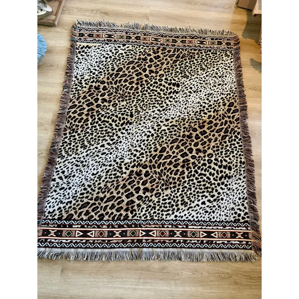 Leopard Print Woven Throw Blanket Tribal Border Fringe USA Made 59x47
